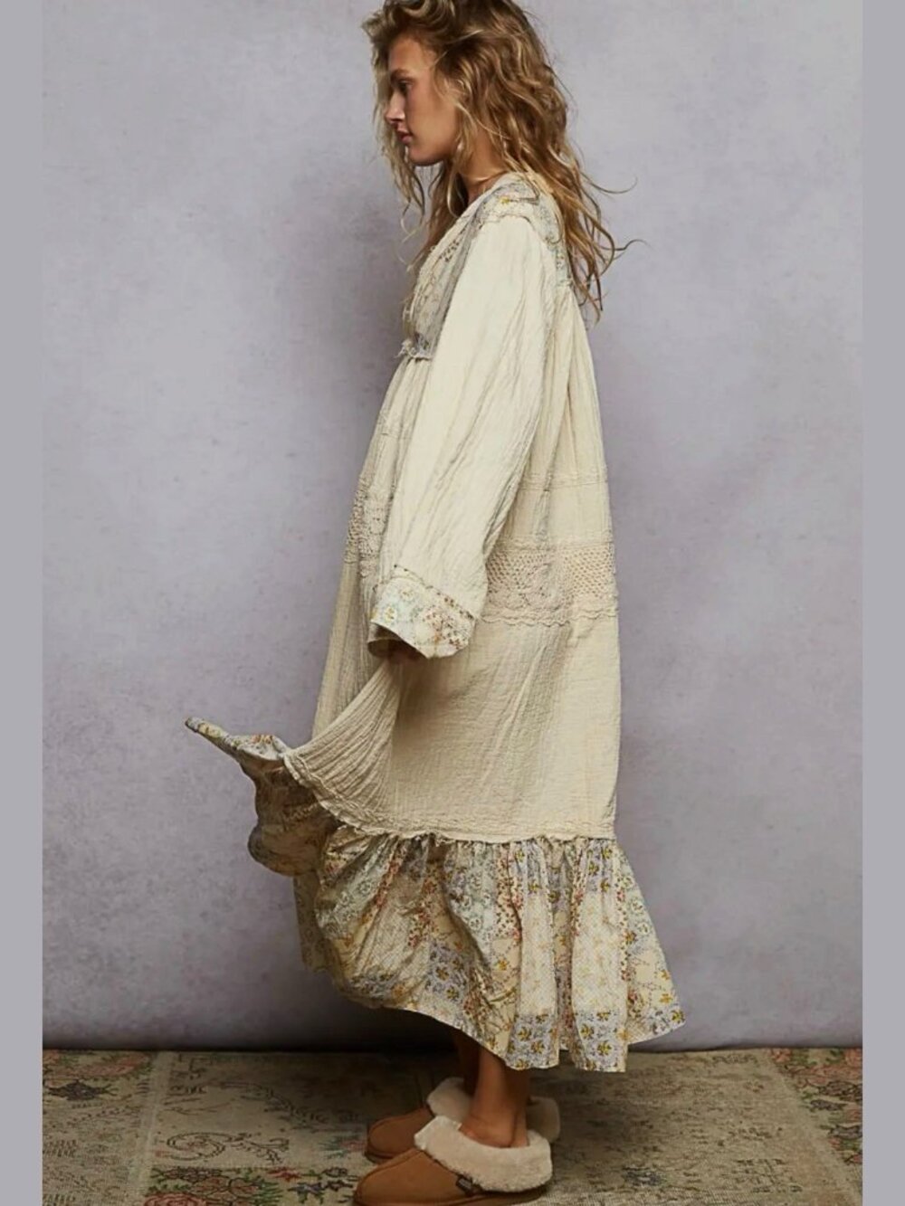 Pol Boho Midi Dress Double Gauze Patchwork Oversize Loose Fit Ivory Size S M L - Picture 8 of 11